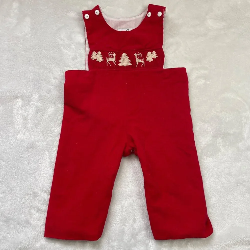 Proper Charlie Smocked‎ Reindeer Longalls Baby Boys 12M 100% Cotton Red Corduroy